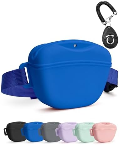 Dog Treat Pouch with Training Clicker, Upgrade Stronger Magnetic Closure to Avoid Spilling, 1.67 Cup Silicone Treat Bag Fanny Pack with Waist Belt for Pet Training Walking (Blue)