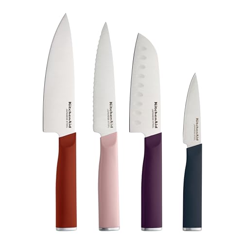 KitchenAid 4-Piece Chef Knife Set with Blade Covers 6-Inch Chef Knife, 5-Inch Santoku, 5.5-Inch Serrated Utility, 3.5-Inch Paring, High-Carbon Japanese Steel, Assorted Colors
