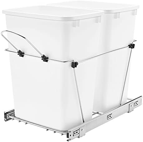 Rev-A-Shelf Double Pullout Trash Can for Kitchen Cabinets 35 Qt 12 Gallon Garbage Recycling Bin on Full-Extension Slides, White, RV-18KD-11C S
