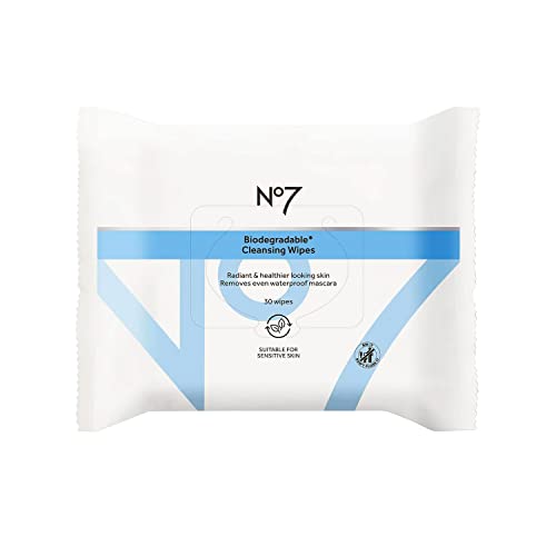 No7 Biodegradable Cleansing Wipes - Waterproof Mascara & Makeup Remover Wipes - Vitamin B5 + Witch Hazel & Fennel Extract Facial Cleansing Wipes for Revitalized Radiant Skin (Dual Pack, 60 Wipes)
