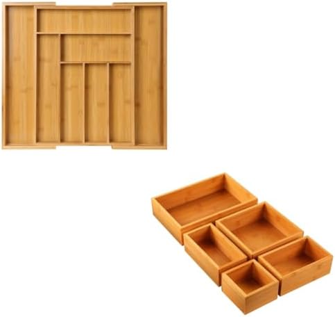 Pipishell Bamboo Expandable Drawer Organizer, with 5-Piece Bamboo Drawer Organizer Set PIBCT+PISBS