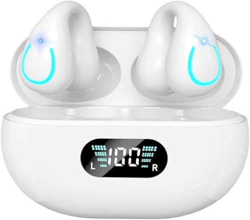 Open Ear Bone Conduction Headphones Clip-on Headphones,Wireless Earbuds Bluetooth 5.3 with LED Display Charging Case 60 Hours Playtime IPX7 Waterproof for Running Walking, Workout