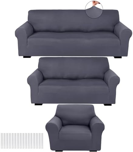 Peryiter 3 Pcs Slipcover Set for Couch Furniture Covers for Sofa Loveseat Couch Arm Chair, Form Fit Stretch, Wrinkle Free, Furniture Protector(Dark Gray,Milk Silk Spandex)