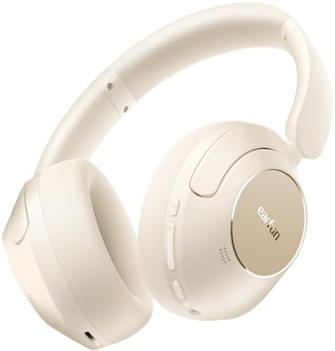 EarFun Wave Pro Active Noise Canceling Headphones, Wireless Over Ear Bluetooth Headphones, LDAC Hi-Res Sound, 5 Mics AI Clear Call, 80H Playtime, Multipoint Connection, Comfort Fit, Oat White