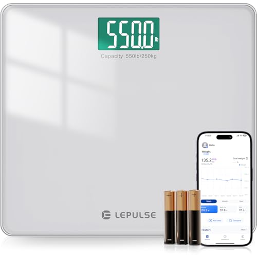 LEPULSE 550lb Bathroom Digital Scale for Body Weight BMI, Extra Wide Platform High Capacity Large Backlit Display, Most Accurate Bathroom Scale up to 500 lbs Weight Scale with APP, 8mm Tempered Glass