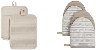 KitchenAid Ribbed Soft Silicone Water Resistant Pot Holder Set, Milkshake, 2 Piece Set, 7"x9" & Albany Mini Oven Mitt 2-Pack Set, Milkshake Tan, 5.5"x8"