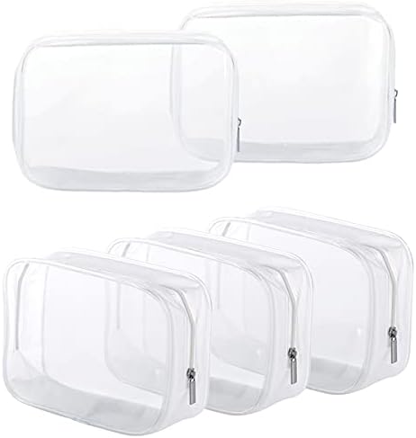 5 Pack Clear Plastic Zippered Toiletry Carry Pouch TSA Approved Toiletry Bag Portable Cosmetic Makeup Bag for Vacation, Bathroom and Organizing (White, Large)