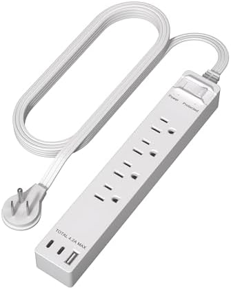LIDER Outlet Extender with 4 Receptacles, USB Type-A and 2 USB Type-C, Ultra-Thin Flat-Plug with Cord Extender, 4-Outlet Power Strip, Slim Angled Design, Surge Protector, 720 Joules, 5ft Cord, White