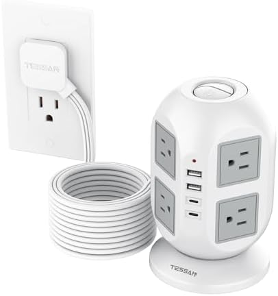 Tower Power Strip, Surge Protector 10 FT Cord, TESSAN Flat Plug Extension Cord with Multiple Outlets, 8 AC Outlets with 4 USB Ports (2 USB C), Charging Station with Surge Protection, for Office Dorm
