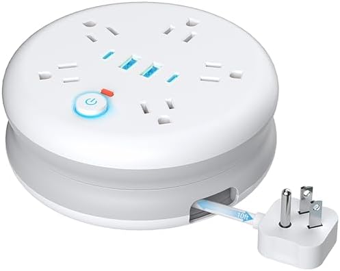 Retractable Travel Power Strip: 10 ft Extension Cord Portable Powerstrip Surge Protector - with 5 Outlet 2 Smart USB Port 2 USB C for Home Office