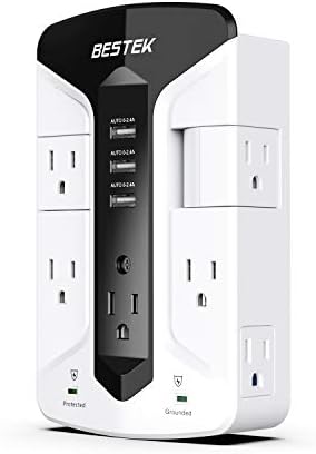 BESTEK 7-Outlet Wall Tap Surge Protector Power Strip with Swivel Outlets, 3 USB Charging Ports, 900 Joule Surge Suppression, Top Phone Holder