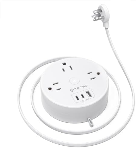 TROND Flat Plug Power Strip - Extension Cord 10FT Semi-Retractable, Power Strip with 3 AC Outlets 3 USB Ports (2 USB C), Cruise Ship Essentials, Desktop Charging Station for Home, Hotel, Dorm