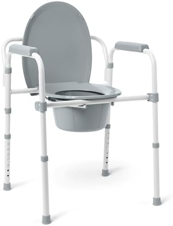 Medline 3-in-1 Steel Bedside Commode, Elongated Seat, Sturdy Folding Frame, 7.5 QT. Bucket, 350 lb. Weight Capacity, Clip-on Seat, Easy Cleaning, Tool-Free Assembly, Gray