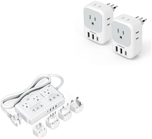 Italy Travel Plug Adapter 2 Pack, TESSAN Italy Power Adapter with 4 AC 3 USB Charger (1 USB C Port), 220V to 110V Voltage Converter, Step Down Transformer, for UK EU AUS, for Hair Dryer Curling Iron