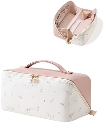 EACHY Travel Makeup Bag,Large Capacity Cosmetic Bags for Women,Waterproof Portable Pouch Open Flat Toiletry Bag Pattern Makeup Bag (X-Pink)