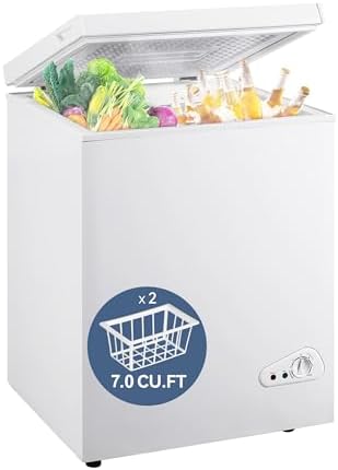 7.0 Cu Ft Chest Freezer - Energy Efficient & Quiet Mini Freezer with Adjustable Thermostat - Compact Deep Freezer for Home, Apartment, and Garage - Removable Basket & Defrost Drain