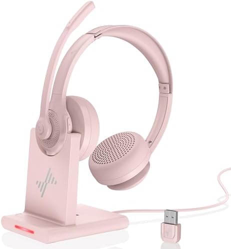 Wireless Headset with AI Noise Cancelling Microphone Bluetooth Headset - Bluetooth V5.2 Headphones with USB Dongle, Charging Base & Mic Mute for Computer/Laptop/PC/iPhone/Android/Cell Phones (Pink)