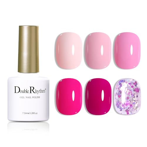 Double Rhythm Gel Nail Polish Set of 6 Colors Baby Light Pastel Milky Nail Polish Starter Kit Art DIY Salon Home (Neon Bright Glitter Pink,Kit 16)