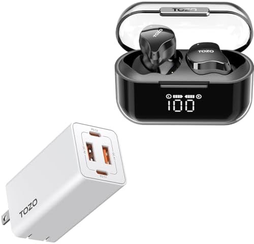 TOZO T18 Bluetooth 5.3 True Wireless Stereo Earbuds C2 USB C 65W Fast Foldable Wall Charger PD Power Adapter White