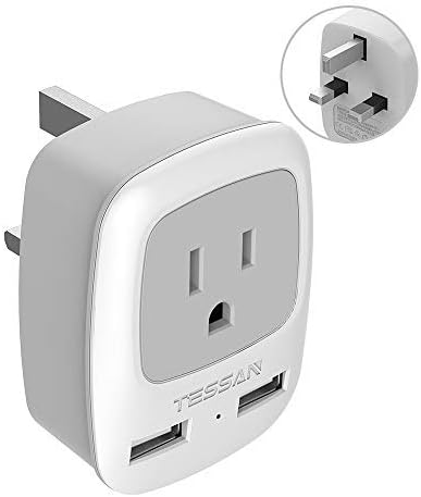 TESSAN UK Adapters for Travel, Ireland Hong Kong Plug Adapter with 2 USB, Type G Outlet Adaptor Charger for USA to British England Scotland Irish Qatar London