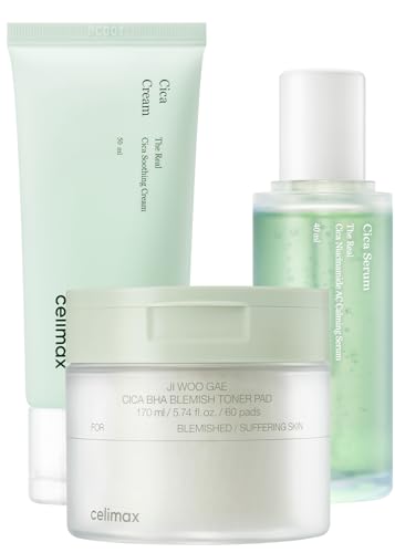 celimax Ji.Woo.Gae Cica BHA Blemish Toner Pad (60 Pads) + The Real Cica Niacinamide AC Calming Serum 40ml + The Real Cica Soothing Cream 50ml Bundle