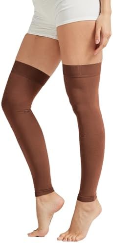 MGANG 15-20 mmHg Compression Stockings for Women & Men, Thigh High Medical Footless Graduated Compression Sleeves with Silicone Dot Band, for Varicose Veins, Edema, Travel, Flight, Pregnant, Brown S