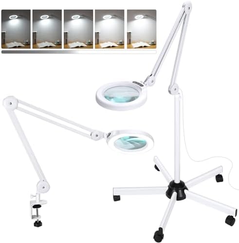 10X Magnifying Glass with Light and Stand, Super Bright 2,200 Lumens LED Magnifying Floor lamp with 5 Wheels Rolling Base, 5 Color Modes Stepless Dimming Lighted Magnifier for Esthetician Facial Salon