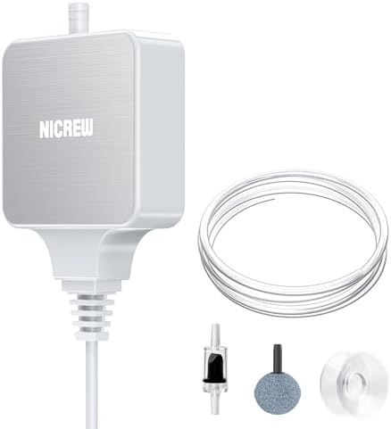 NICREW Nano Silent Aquarium Air Pump White, Aquarium Aerator with Accessories for Up to 10 Gallon Fish Tank, Super Quiet, 0.3 L/min, 1.5 Watts