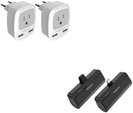 European Travel Plug Adapter 2 Pack, TESSAN International Power Outlet Adaptor with 2 USB, Type C Charger, Mini Portable Charger, 5000mAh Small Power Bank, for iPhone 15/15 Plus/15 Pro/15 Pro Max