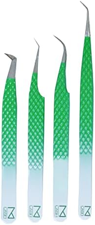 M LASH Tweezers for Eyelash Extensions (Set of 4) - Professional Lash Extension Tweezers - Fiber Tip, Japanese Steel, Diamond Grip Eyelash Extension Tweezer (O4)