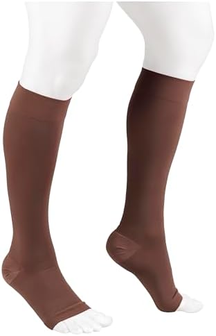 NuVein Medical Compression Stockings, 20-30 mmHg Support for Women & Men, Knee Length, Open Toe, Brown, Small