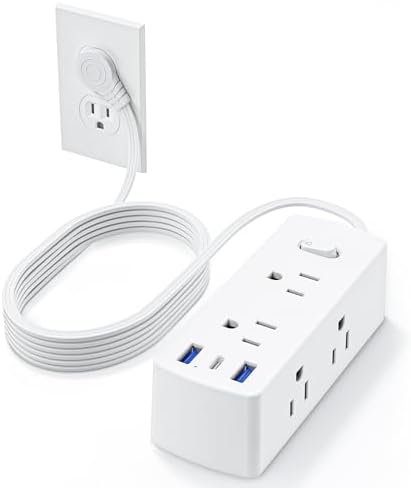 Flat Extension Cord 10ft, Olcorife Flat Plug Power Strip with 6 Outlets 3 USB Ports(1 USB C), 3-Side Outlet Extender Surge Protector for Home Office Dorm Room Essentials, White