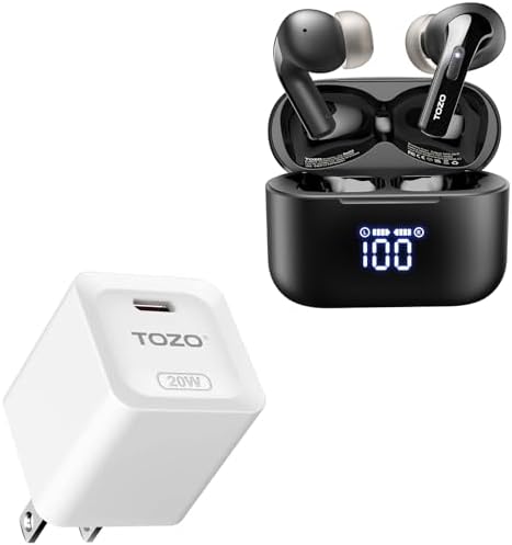 TOZO T20 Bluetooth Wireless Earbuds Black +C1 USB C 20W PD Power Adapter Fast Wall Charger Type C White