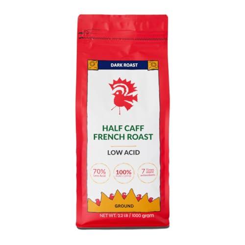 Puroast Low Acid Coffee Half Caff | Half Caff French Roast Ground | Dark Roast | High Antioxidants & High pH |No Bitter Aftertaste | Reduced Heartburn & GERD | Suitable for Cold Brew - 2.2 LB