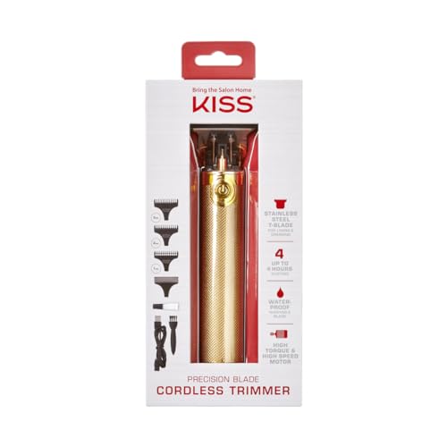 KISS Precision Blade Cordless Trimmer with Stainless Steel T-Blade, Powerful High-Torque, High-Speed Motor, 3 Blade Guard Attachments & Blade Cover, USB Cable & Long-Lasting Lithium Ion Battery