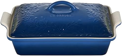 Le Creuset Olive Branch Collection Stoneware Heritage Covered Rectangular Casserole, 4 qt., Marseille with Embossed Lid