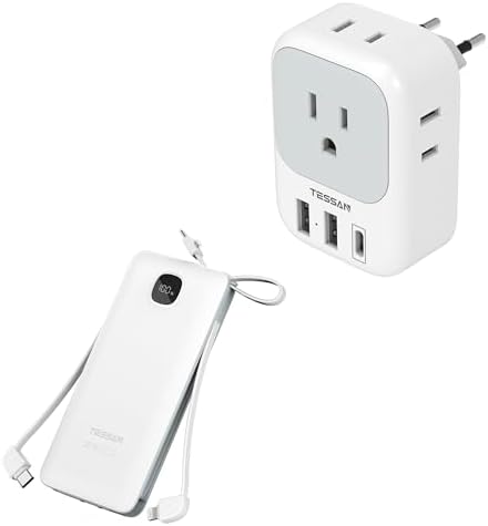 European Travel Plug Adapter USB C, TESSAN International Plug Adapter with 4 AC Outlets and 3 USB Ports with Portable Phone Charger with Built in Cables, 10000mAh Power Bank