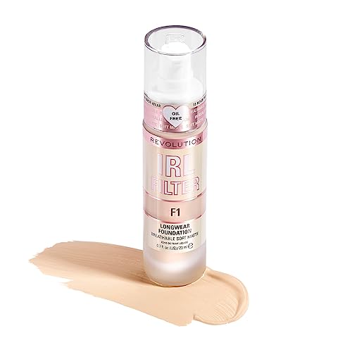 Revolution Beauty, IRL Filter Longwear Foundation, Soft & Breathable Formula, Medium to Full Coverage, Matte Finish, F1, 0.7 Fl. Oz