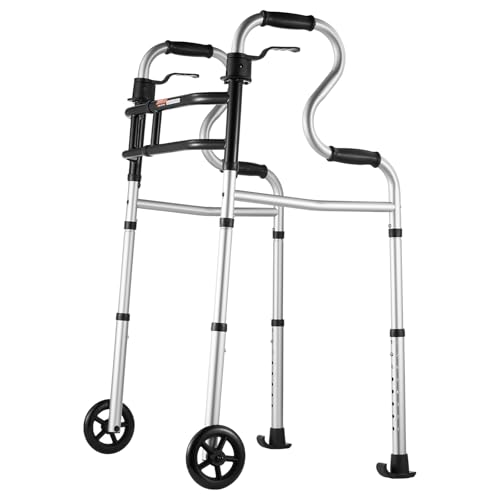 VEVOR Folding Walker on Wheels, 3-in-1 Stand-Assist Folding Walkers with Adjustable Height and Width, Lightweight Aluminum | Front Wheeled Mobility Aid for Elderly Handicapped Disabled, Up to 350LBS