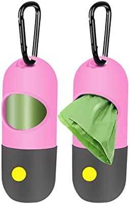 2 Pack Dog Poop Bag Dispenser with Built-in LED Flashlight, Pet Waste Bag Holder for Leash with Carabiner Clip for Lead Leash, 2 Rolls Leak-proof Doggy Waste Bags for Dog Walking, Pink, Eliamo