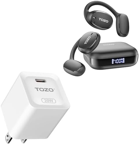 TOZO OpenEgo Bluetooth Wireless Earbuds Black +C1 USB C 20W PD Power Adapter Fast Wall Charger Type C White