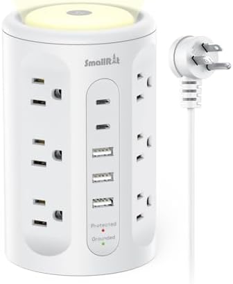 Surge Protector Power Strip Tower with 5 USB Ports and Night Light,10FT Extension Cord with 12 AC Multiple Outlets (White)