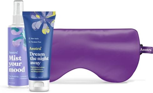 ASUTRA Dorm Set Bundle, 3 Products – Purple Silk Eye Mask Filled with Lavender and Flax Seeds, Melatonin Lotion with Magnesium and Shea Butter, Lavender and Chamomile Aromatherapy Mist