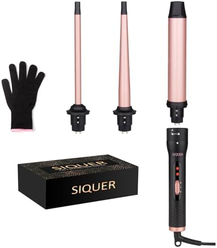 3 in 1 Curling Wand Set - SIQUER Hair Waver Curling Iron for Women with 3 Interchangable Ceramic Beach Waves Wands 1/2 Inch to 1 1/4 Inch Fast Heating Up Hair Curler with Box (Rose, Black)