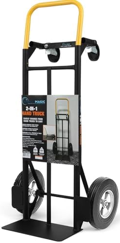 Simpli-Magic 800 lb Capacity 2 in 1 Convertible Hand Truck and Dolly with 10" Flat Free Rubber Wheels,Black with Yellow Handle.