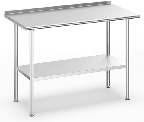 Stainless Steel Prep Table for Work, 24 * 48 Inch, High Load Bearing with Undershelf and Backsplash for Outdoor, Restaurants, Hotels, Workshops, Kitchens, Garages and Gardens