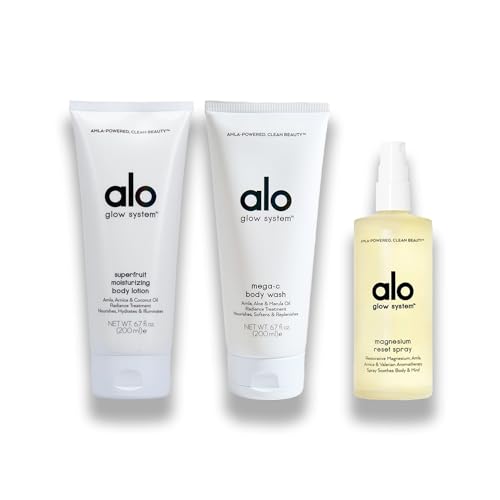 Alo Refresh & Reset Set - Magnesium Reset Spray (3.2oz), Vitamin C Mega-C Body Wash (6.7oz), and Superfruit Body Lotion (6.7oz) Vegan, Cruelty-Free, Dermatologist-tested, Gentle for All Skin Types.