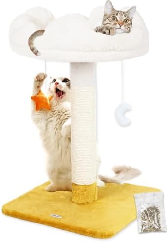 Happi N Pets 28" Large Cloud Cat Scratching Post with Bed(Ø15.3in), Cat Tree Tower for Indoor Cats, Tall Scratch Post with Natural Sisal Ropes & Soft Plush Perch, Removable Cover & Enhanced Base