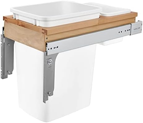 Rev-A-Shelf Single Pull-Out Trash Can for Base Kitchen/Bathroom Cabinets, 35 Qt Wood Top Mount Garbage Bin, 12" x 1.5" Face-Frame, White, 4WCTM-12DM1