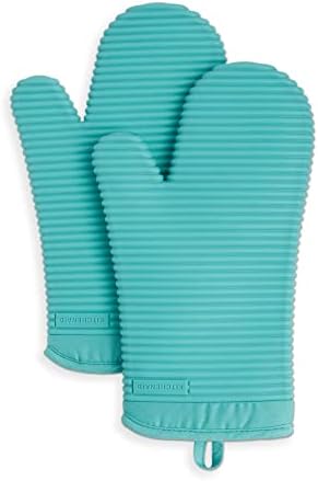 KitchenAid Ribbed Soft Silicone Oven Mitt Set, 7"x13", Aqua Sky 2 Count